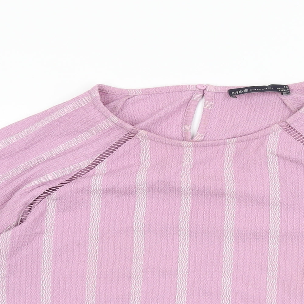 Marks and Spencer Womens Purple Striped Polyester Basic T-Shirt Size 12 Round Neck