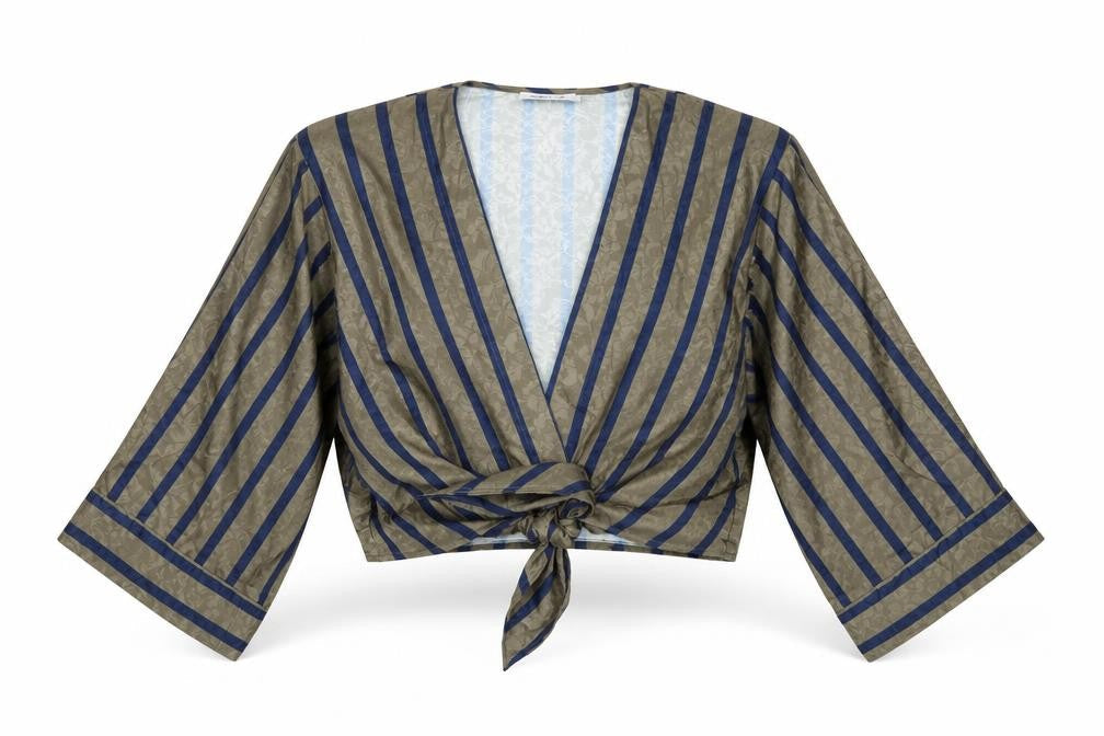 Sam & Lavi Womens Green Striped Polyester Cropped Blouse Size XS V-Neck