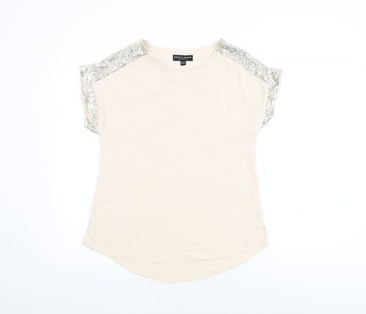 Dorothy Perkins Womens Beige Polyester Basic T-Shirt Size 8 Round Neck - Sparkle detail on sleeves