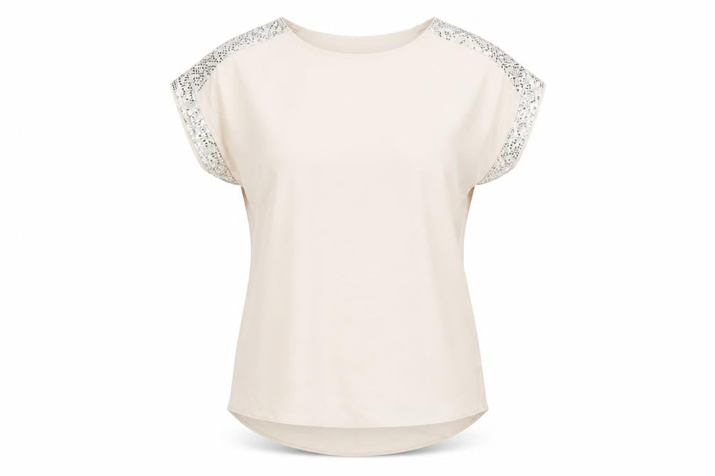 Dorothy Perkins Womens Beige Polyester Basic T-Shirt Size 8 Round Neck - Sparkle detail on sleeves