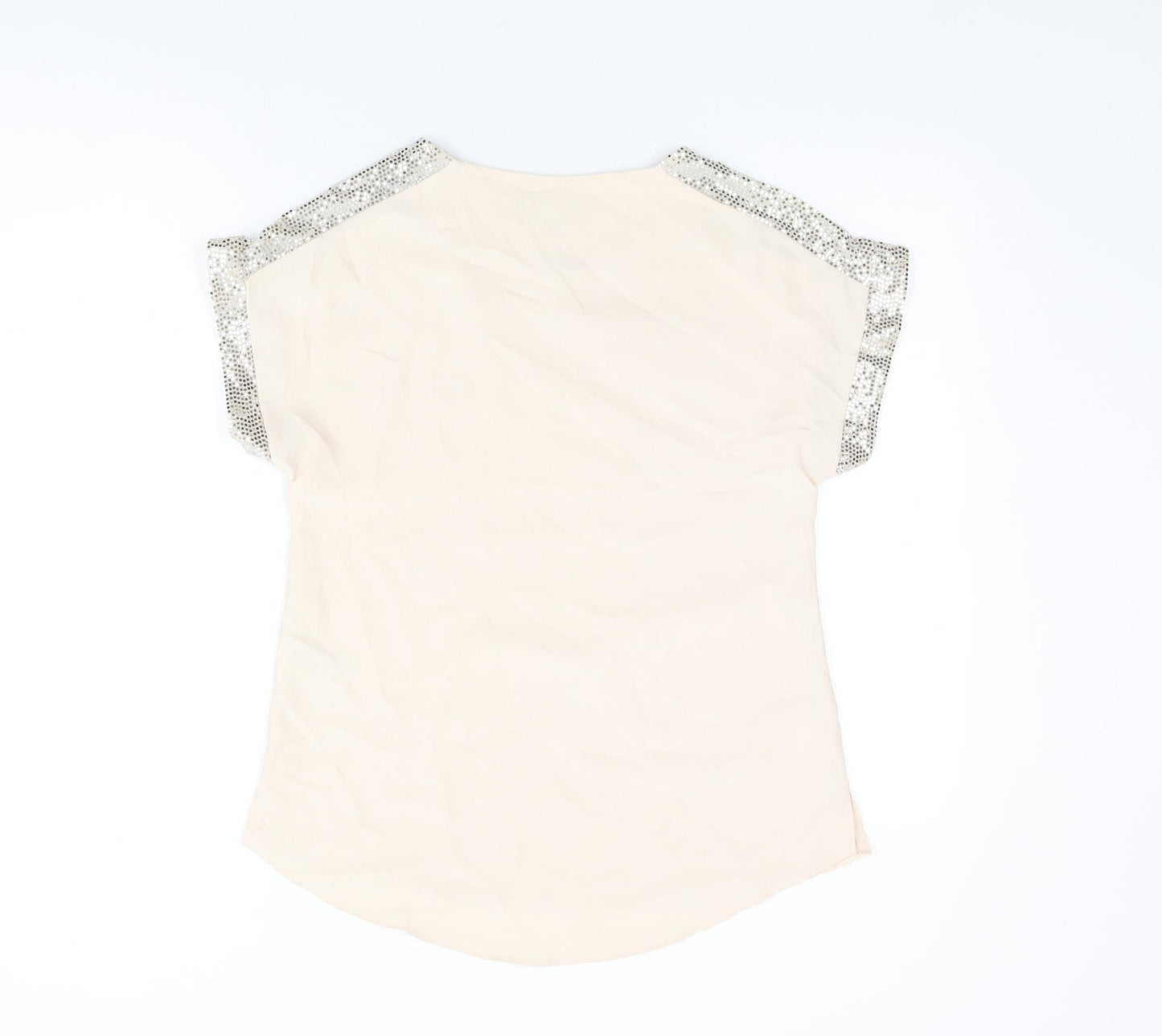 Dorothy Perkins Womens Beige Polyester Basic T-Shirt Size 8 Round Neck - Sparkle detail on sleeves