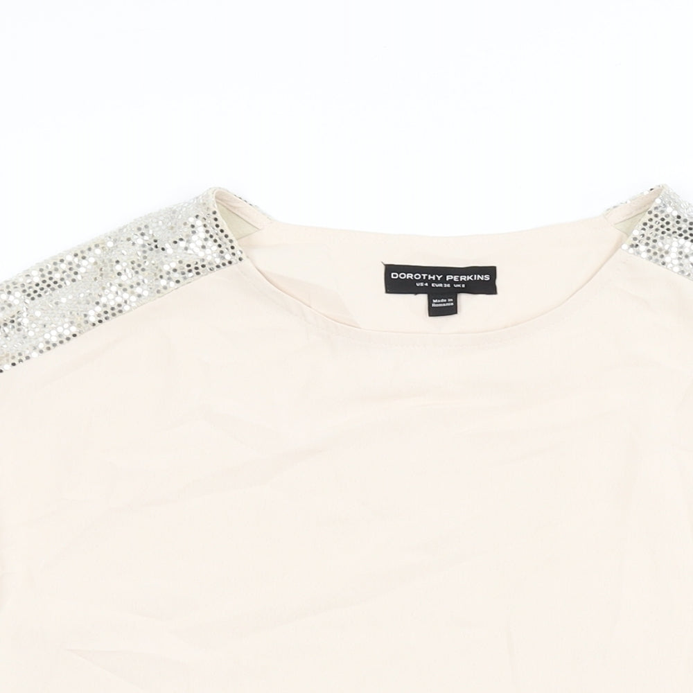Dorothy Perkins Womens Beige Polyester Basic T-Shirt Size 8 Round Neck - Sparkle detail on sleeves