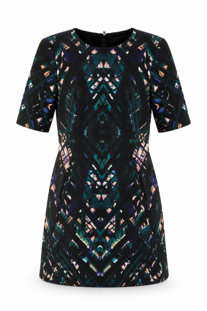 DS Dress Womens Black Geometric Polyester Shift Size 8 Round Neck Zip
