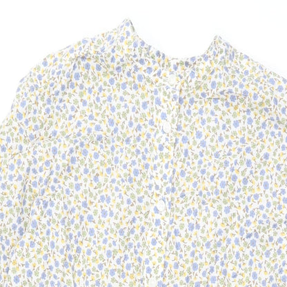 Lands' End Womens White Floral Cotton Shift Size S Round Neck Button