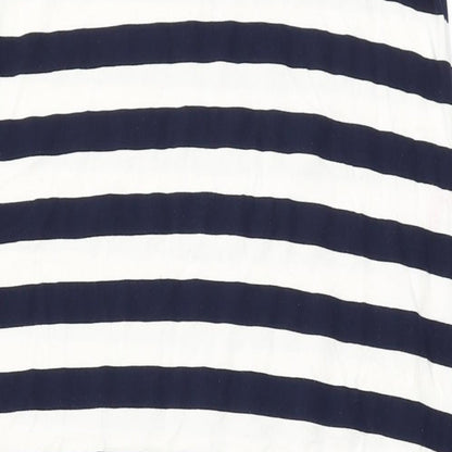 Brand and care label for ASOS women’s white striped polyester shift, size UK 10, round neck pullover