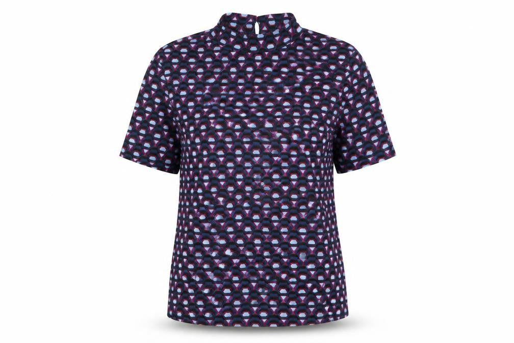 Very Womens Blue Geometric Polyester Basic T-Shirt Size 12 Round Neck