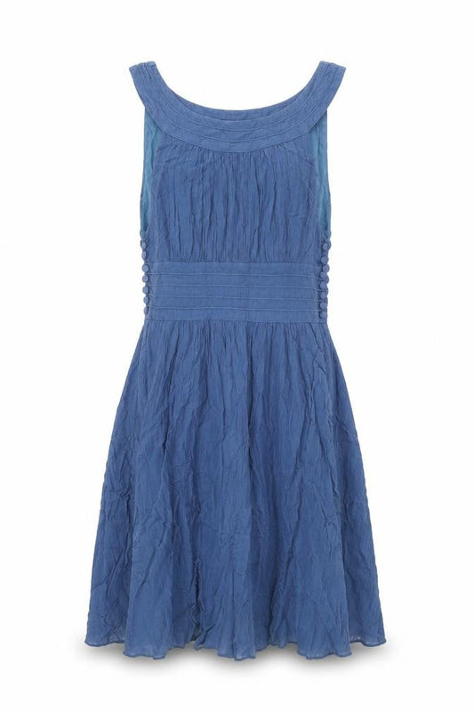 French Connection Womens Blue Cotton Skater Dress Size 6 Round Neck Button