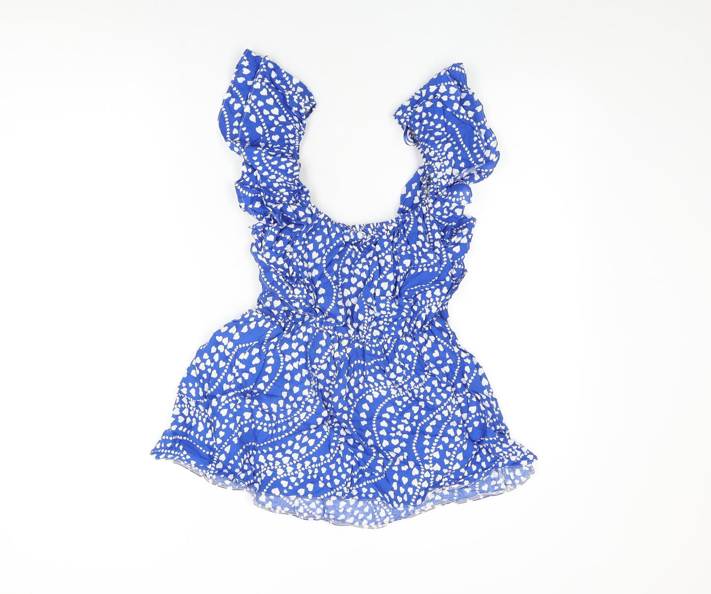 Very Womens Blue Geometric Viscose Basic T-Shirt Size 12 Scoop Neck - Heart Print, Frill Detail