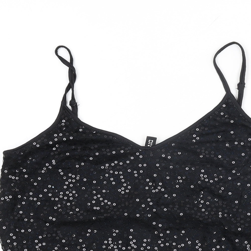H&M Womens Black Polyamide Basic T-Shirt Size 8 V-Neck - Sequins