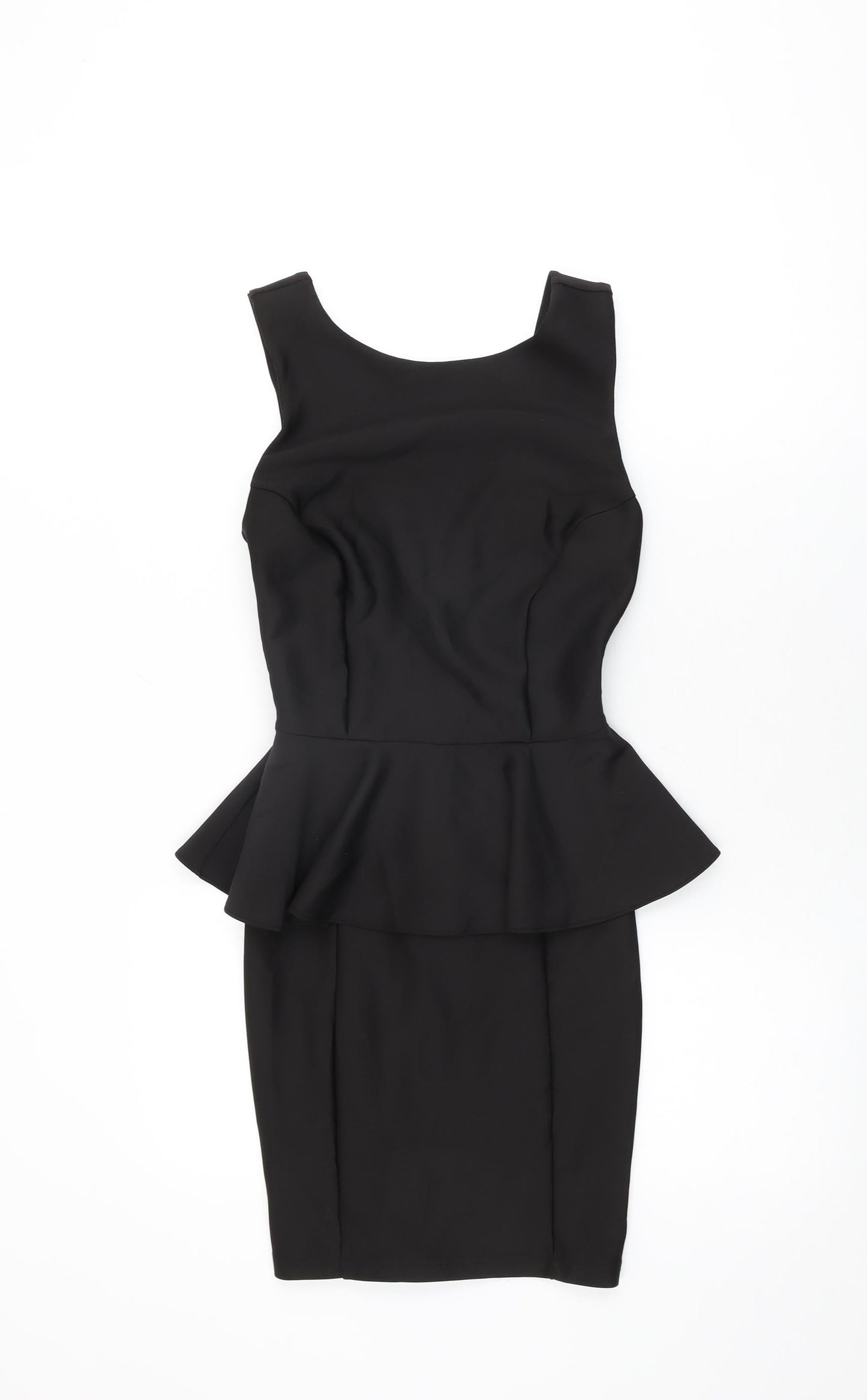 Topshop Womens Black Polyester Bodycon Size 6 Round Neck Zip - Frill Detail