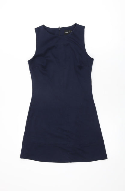 Additional front view of ASOS women’s blue viscose mini, size UK 6, round neck zip