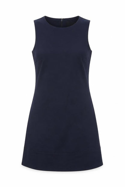 Front view of ASOS women’s blue viscose mini, size UK 6, round neck zip
