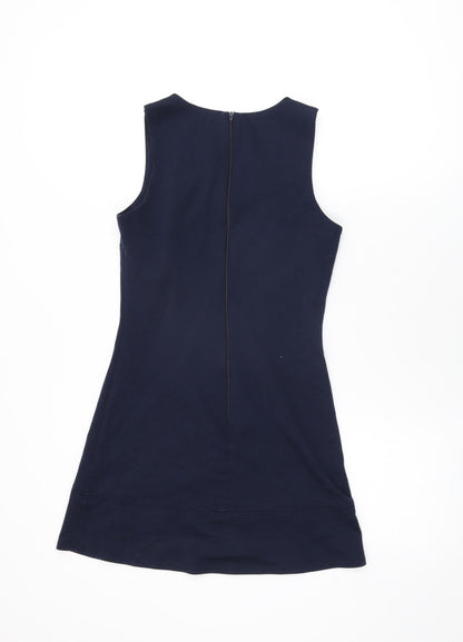 Back view of ASOS women’s blue viscose mini, size UK 6, round neck zip