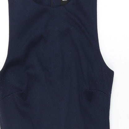 Close-up detail of ASOS women’s blue viscose mini, size UK 6, round neck zip