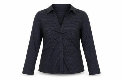 Front view of E-vie women’s black striped cotton basic t-shirt, size UK 16, collared