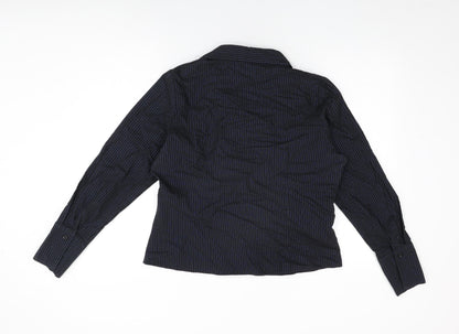 Back view of E-vie women’s black striped cotton basic t-shirt, size UK 16, collared