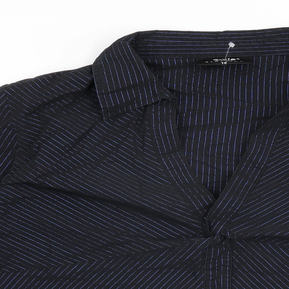 E-vie Womens Black Striped Cotton Basic T-Shirt Size 16 Collared