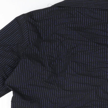 Brand and care label for E-vie women’s black striped cotton basic t-shirt, size UK 16, collared