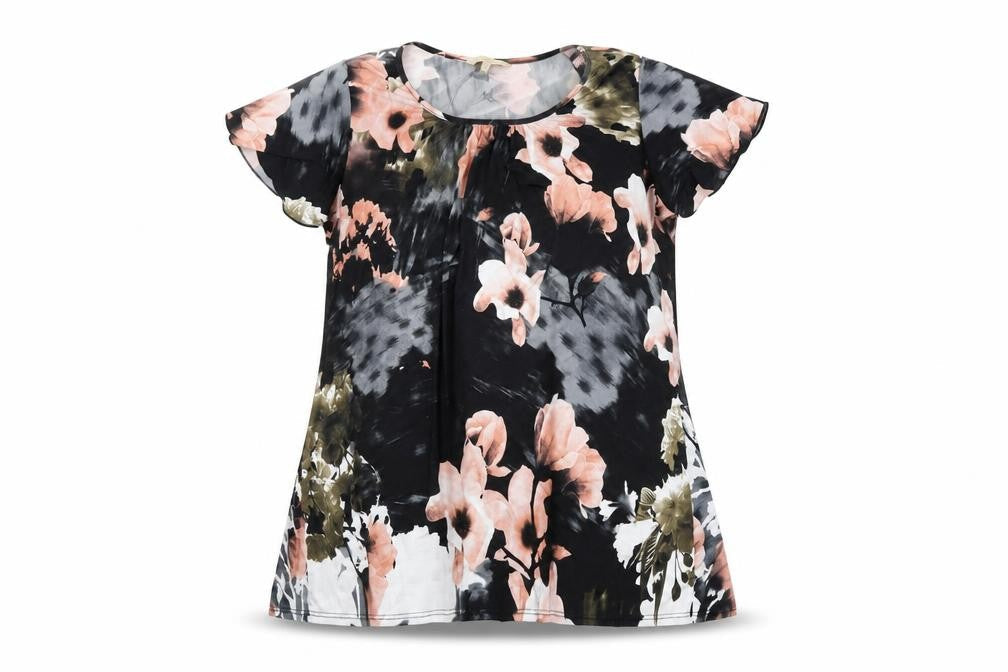 Vida Vi Womens Black Floral Polyester Basic T-Shirt Size 16 Round Neck