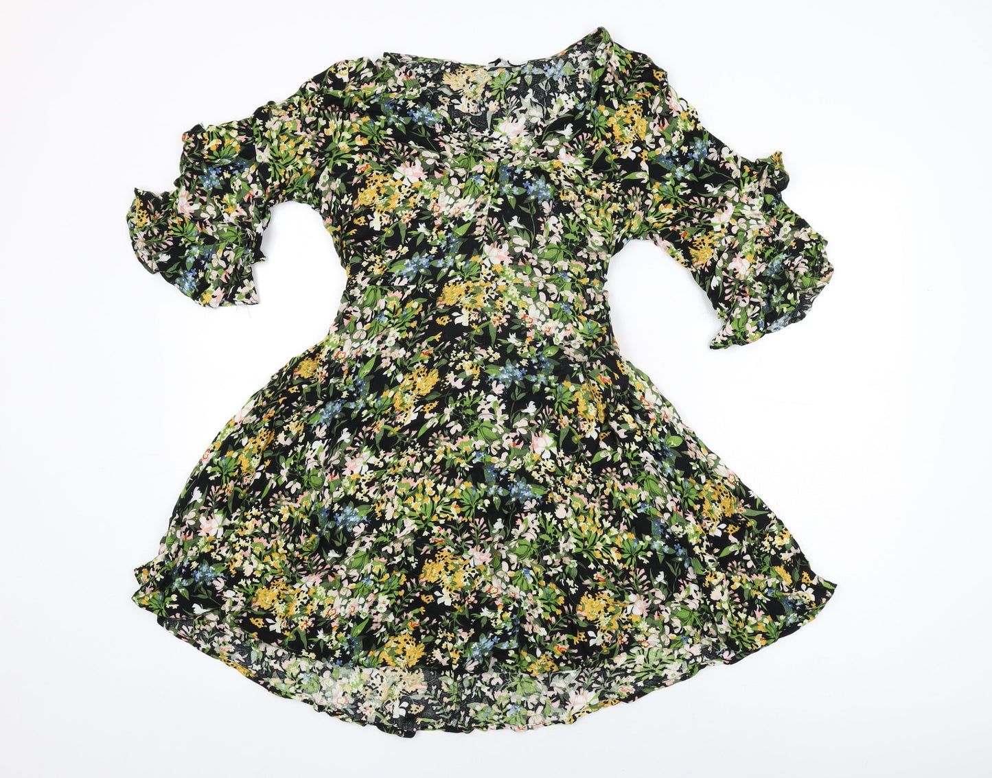 Warehouse Womens Black Floral Viscose Skater Dress Size 12 V-Neck Pullover