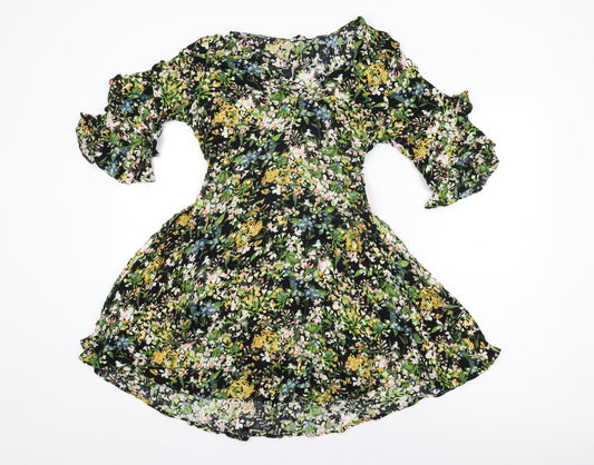 Warehouse Womens Black Floral Viscose Skater Dress Size 12 V-Neck Pullover