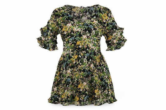 Warehouse Womens Black Floral Viscose Skater Dress Size 12 V-Neck Pullover