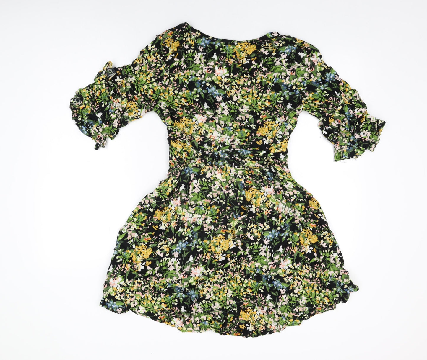 Warehouse Womens Black Floral Viscose Skater Dress Size 12 V-Neck Pullover