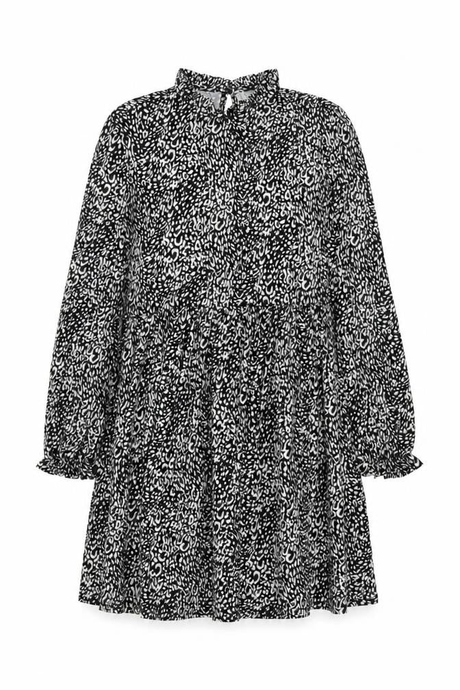 New Look Womens Black Animal Print Polyester A-Line Size 6 Mock Neck Button