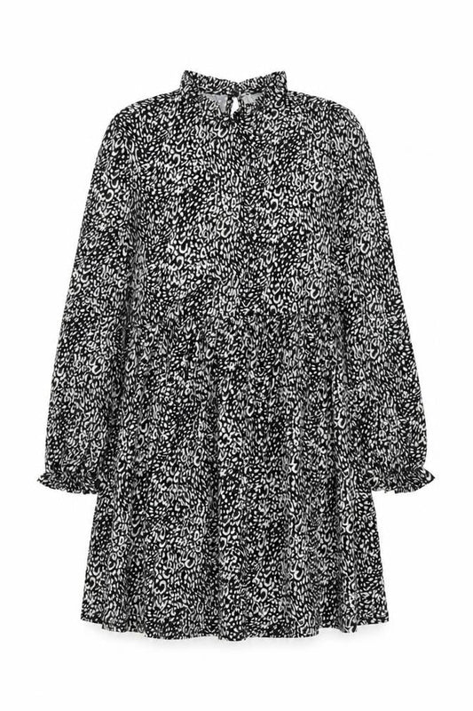 New Look Womens Black Animal Print Polyester A-Line Size 6 Mock Neck Button