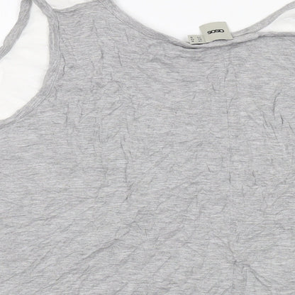 Brand and care label for ASOS women’s grey polyester basic tank, size UK 14, round neck