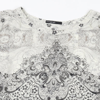 Close-up detail of Autograph women’s beige geometric polyester basic blouse, size UK 10, round neck