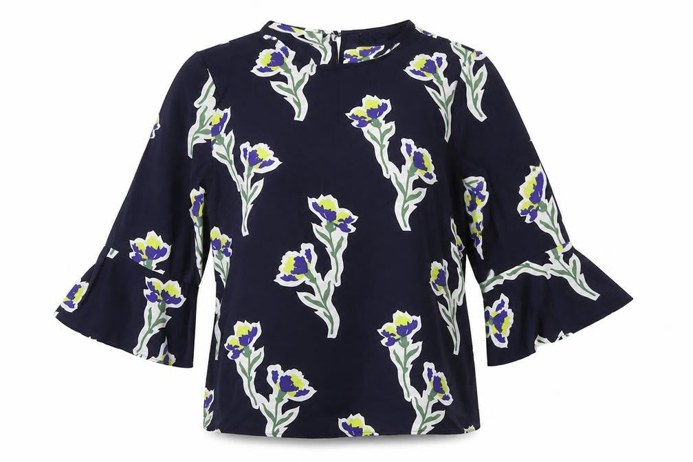 Warehouse Womens Blue Floral Polyester Basic Blouse Size 12 Round Neck