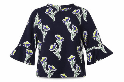 Warehouse Womens Blue Floral Polyester Basic Blouse Size 12 Round Neck