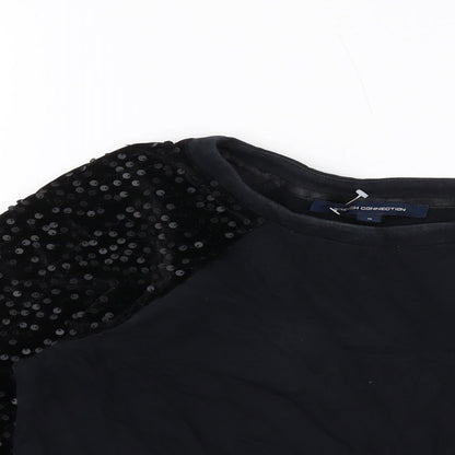 Close-up detail of French Connection women’s black cotton pullover sweatshirt, size S, pullover