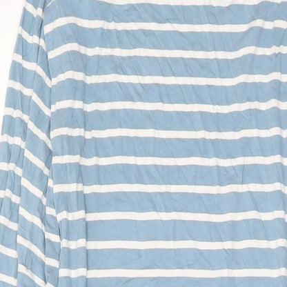Close-up detail of ASOS women’s blue striped viscose maxi, size UK 12, round neck pullover