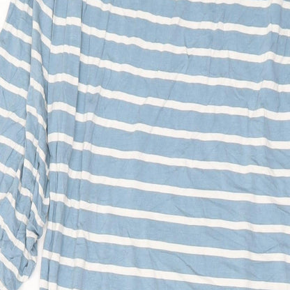 Brand and care label for ASOS women’s blue striped viscose maxi, size UK 12, round neck pullover