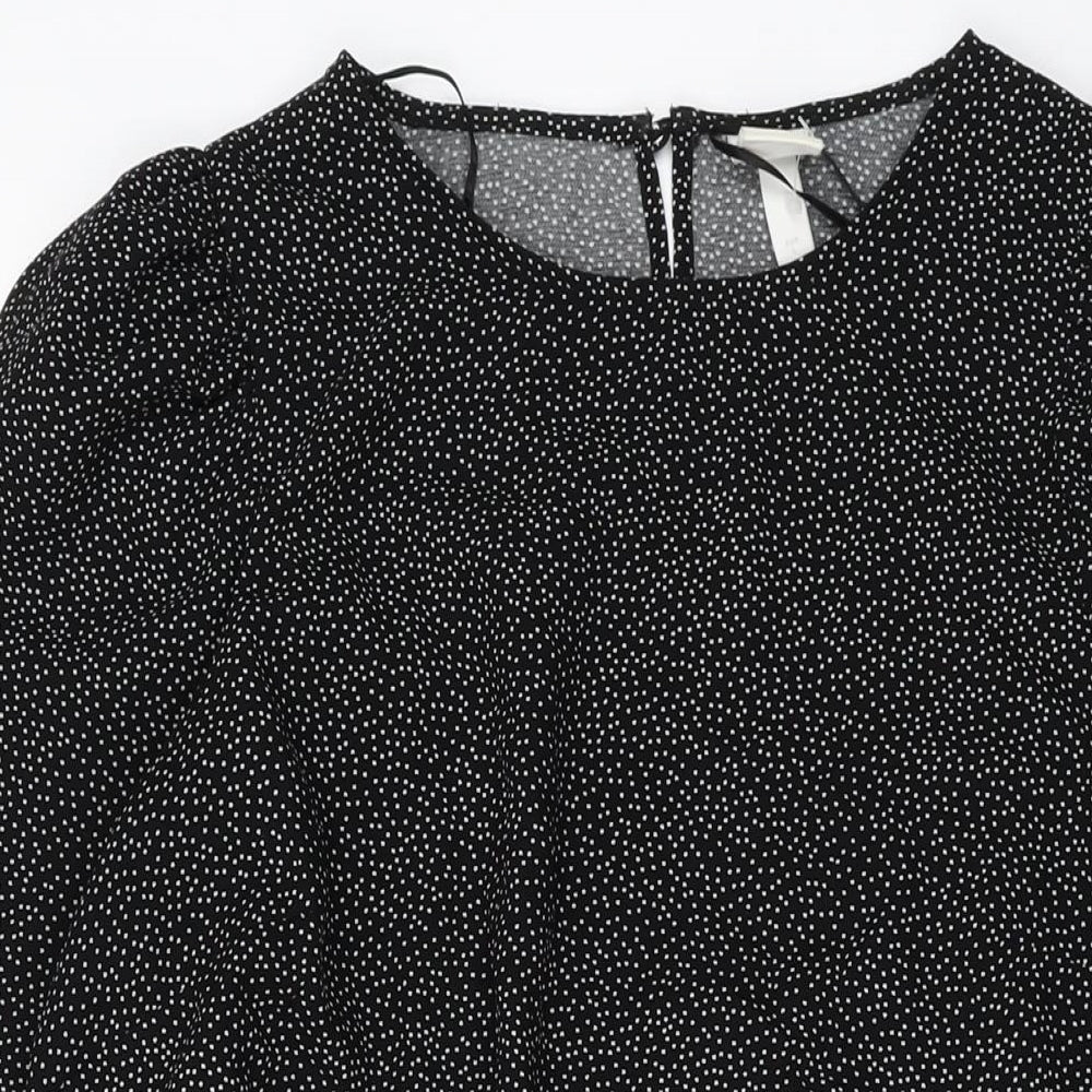 H&M Womens Black Polka Dot Polyester A-Line Size L Round Neck Button