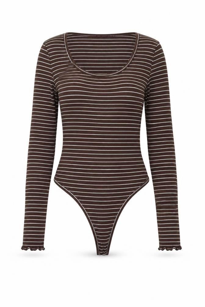 Boohoo Womens Brown Striped Polyester Bodysuit One-Piece Size 12 Snap