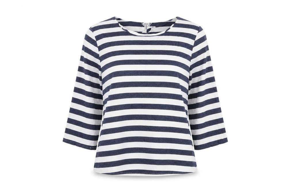 FOREVER 21 Womens Blue Striped Cotton Basic Blouse Size S Round Neck