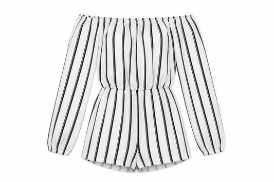 Front view of Missguided women’s ivory striped polyester playsuit one-piece, size UK 4, pullover