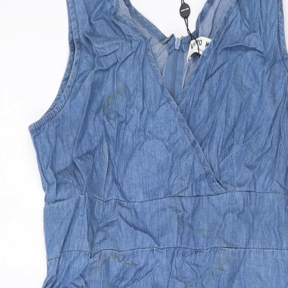 VERO MODA Womens Blue Cotton A-Line Size L V-Neck Zip