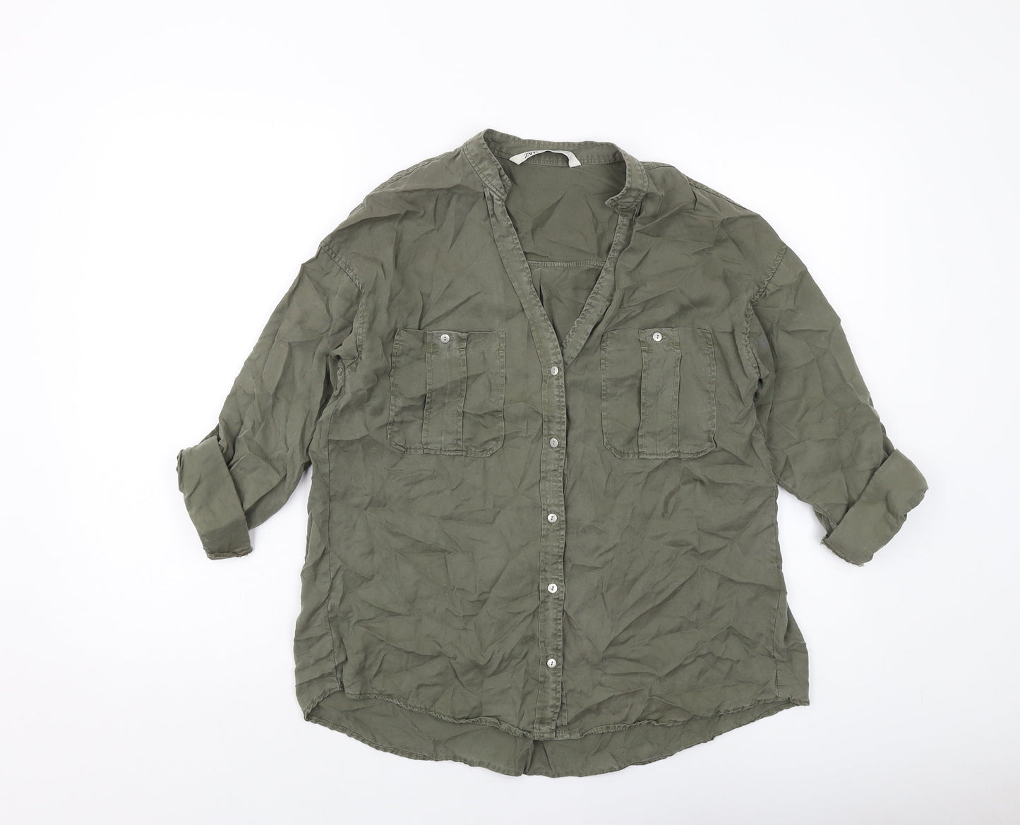 Zara Womens Green Polyester Basic Button-Up Size XS V-Neck