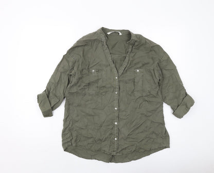 Zara Womens Green Polyester Basic Button-Up Size XS V-Neck