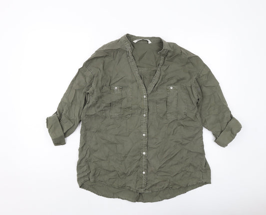 Zara Womens Green Polyester Basic Button-Up Size XS V-Neck