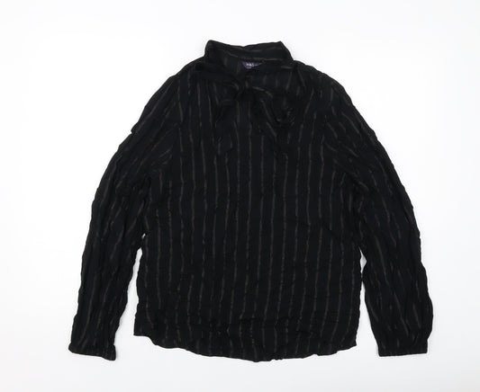 Marks and Spencer Womens Black Striped Viscose Basic Blouse Size 8 V-Neck