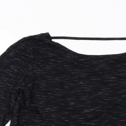 Close-up detail of Missguided women’s black polyester basic blouse, size UK 14, round neck