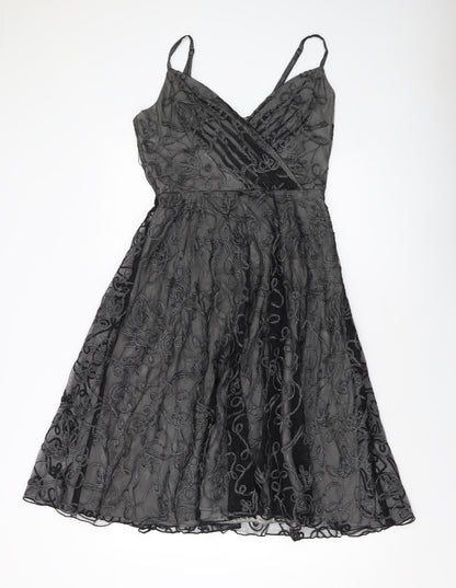 Coast Womens Black Geometric Polyester A-Line Size 12 V-Neck Zip