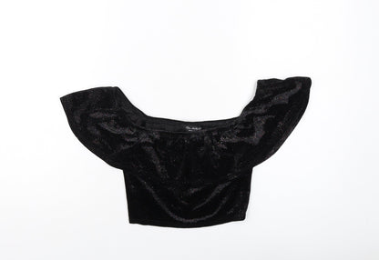 Additional front view of Miss Selfridge women’s black polyester cropped blouse, size UK 8, round neck