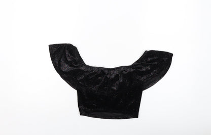 Back view of Miss Selfridge women’s black polyester cropped blouse, size UK 8, round neck