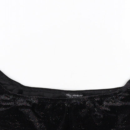 Close-up detail of Miss Selfridge women’s black polyester cropped blouse, size UK 8, round neck